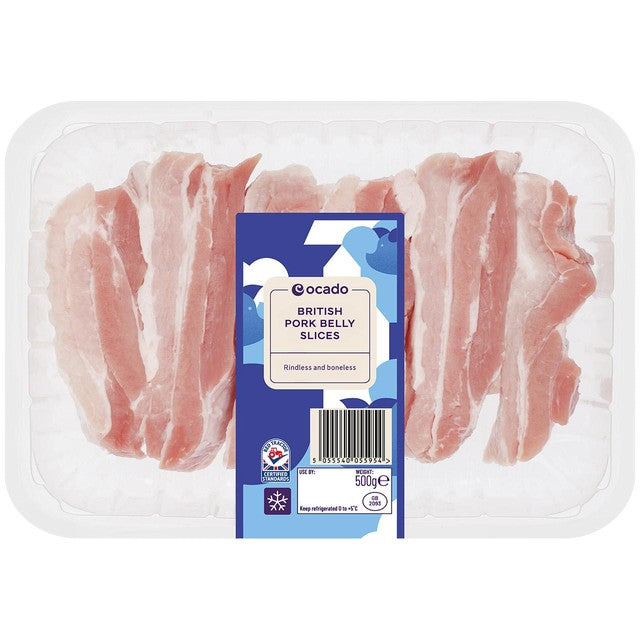 Ocado British pork belly slices rindless and boneless 500g, imported from the UK