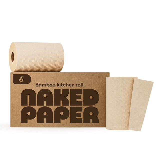 Naked Paper Unbleached Bamboo Kitchen Roll 6-pack, imported from the UK
