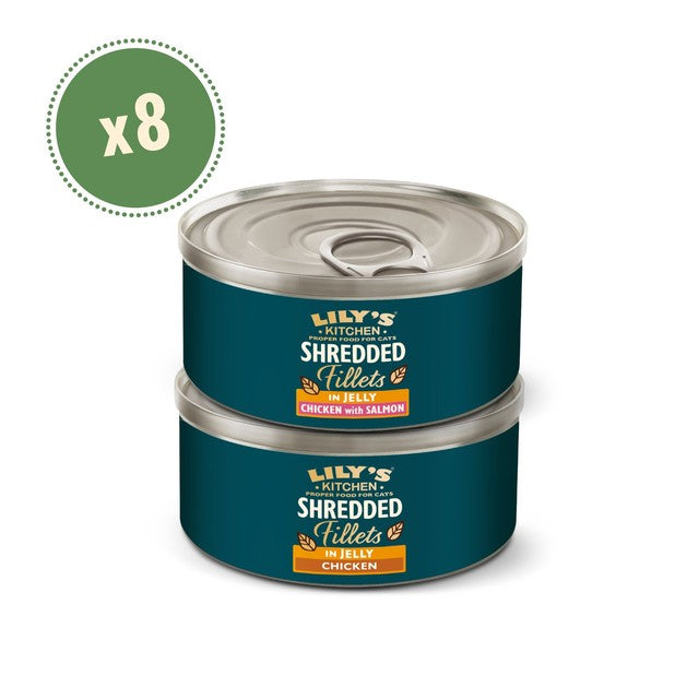 Lily's Kitchen cat food shredded fillets in jelly with chicken and salmon 8 x 70g, UK version