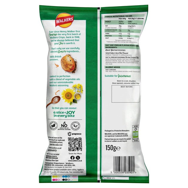 Walkers salt and vinegar sharing bag crisps 150g (British brand)