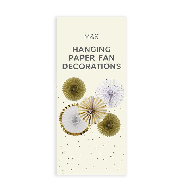 M&S gold and silver hanging paper fan decorations 5-pack, imported from the UK