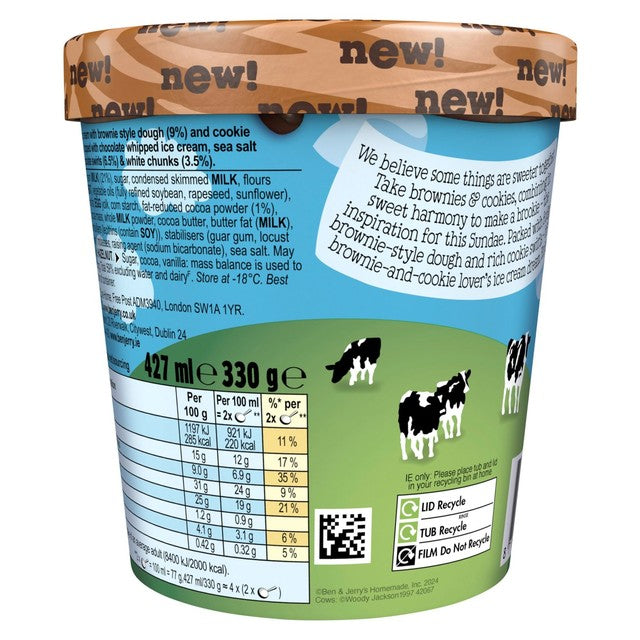 Ben & Jerry's Brookies & Cream Sundae ice cream tub 427ml - British product