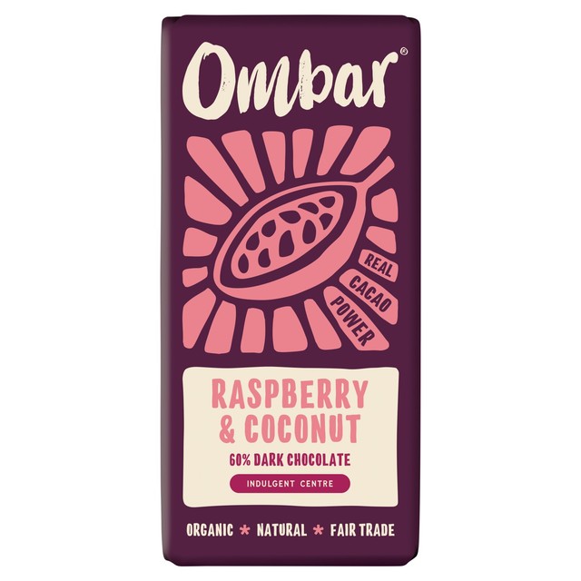 Ombar dark chocolate raspberry and coconut 70g, imported from the UK
