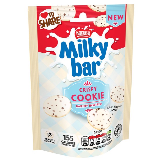 Milkybar crispy cookie white chocolate buttons 86g, imported from the UK