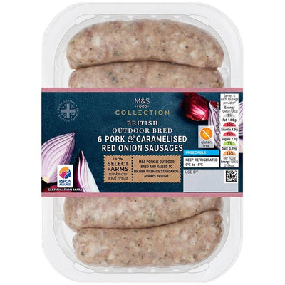 M&S M&S Collection Saucisses de porc et oignon caramélisé britanniques 6 pièces 400g - Acheter en ligne chez McGrocer