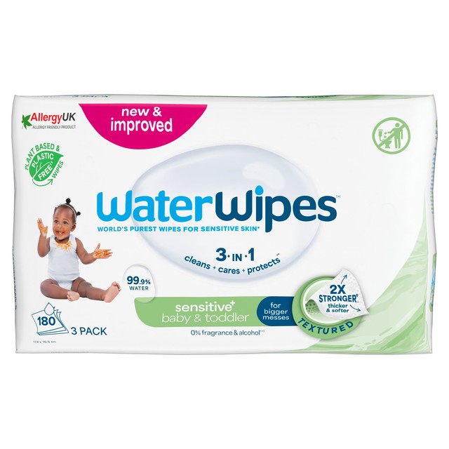 WaterWipes Sensitive+ Baby Toddler Wipes 3-Pack with 180 wipes (British brand)