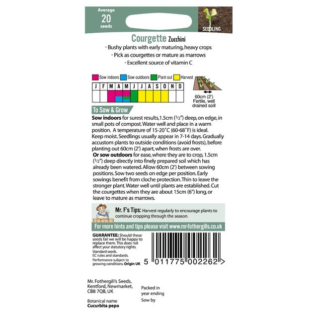 Graines de courgette zucchini Mr Fothergill's - Produit britannique