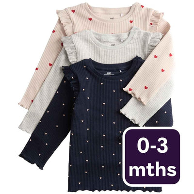 M&S Herz-Print Baumwoll-Oberteile Langarm Marine Baby 0-3 Monate