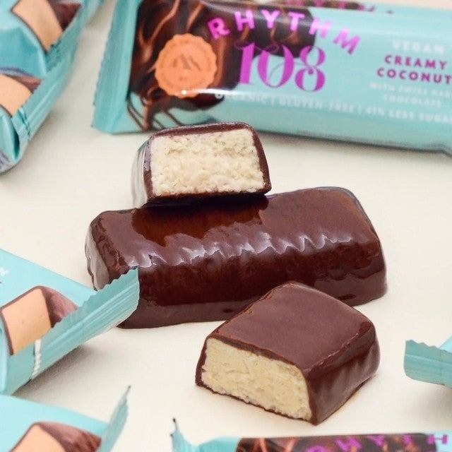 Rhythm 108 organic vegan coconut and dark chocolate bar 33g, imported from the UK