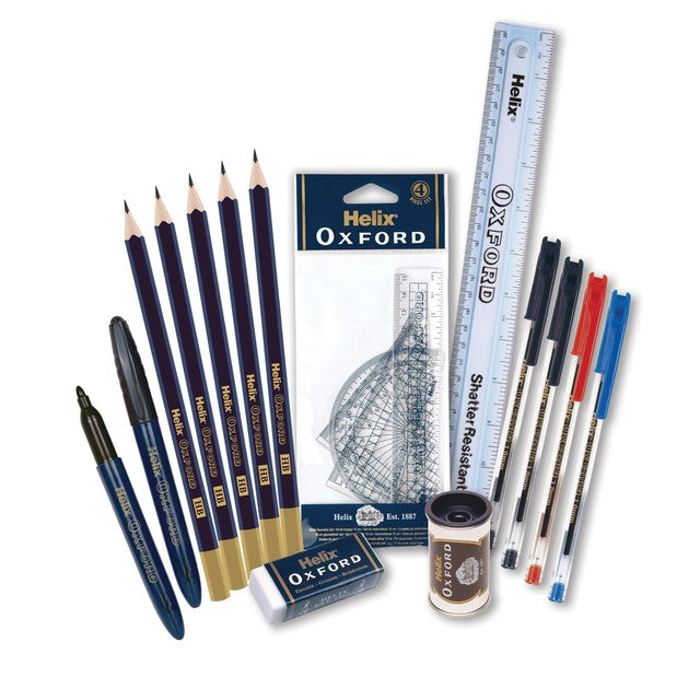 Helix clear pencil case with geometry set and stationery essentials, UK version