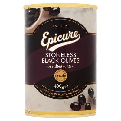 M&S Epicure Stoneless Black Olives Canned Olives 400g- Buy online at McGrocer