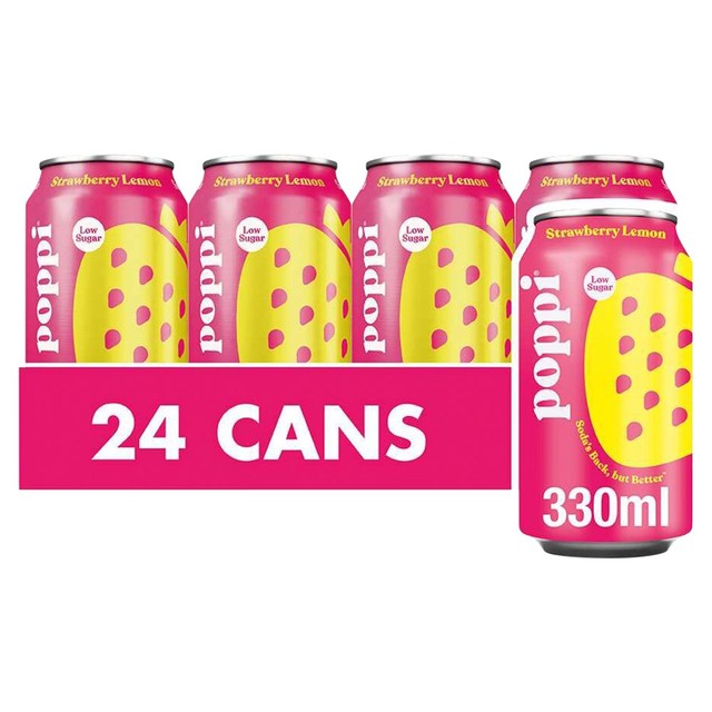 Poppi Strawberry Lemon soda 330ml cans, UK version