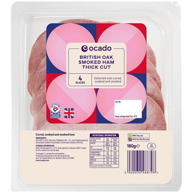 Ocado British Oak Smoked Ham Thick Cut 4 slices, imported from the UK