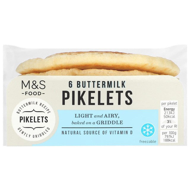 M&S buttermilk pikelets 6 per pack, imported from the UK