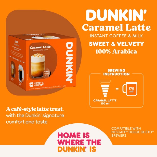 Dunkin Caramel Latte coffee pods Dolce Gusto compatible, UK version