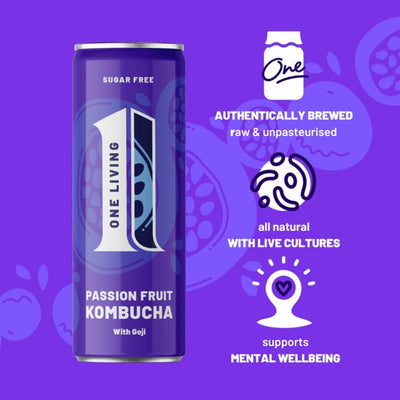 One Living Pasjonsfrukt Sukkerfri Kombucha 4x250ml