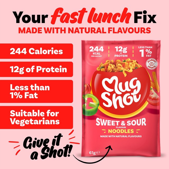 Mug Shot sweet and sour noodles sachet 67g, imported from the UK