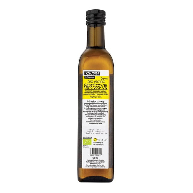 Realfoods organic virgin rapeseed oil 500ml, imported from the UK
