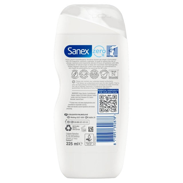 Sanex Zero% Sensitive Skin Shower Gel 225ml (British brand)