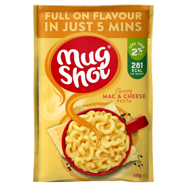 Mug Shot macaroni cheese instant pasta sachet 68g, imported from the UK