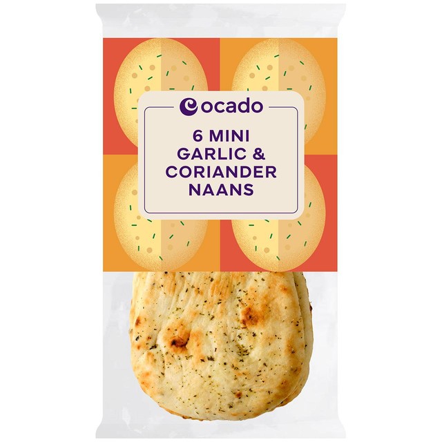 Ocado garlic & coriander naan breads 6 pack, imported from the UK