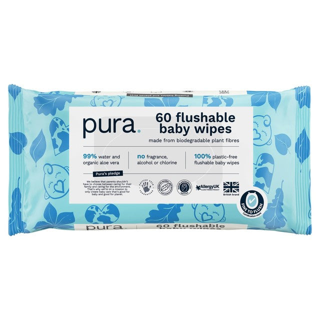 Pura plastic free flushable baby wipes 60pk, imported from the UK