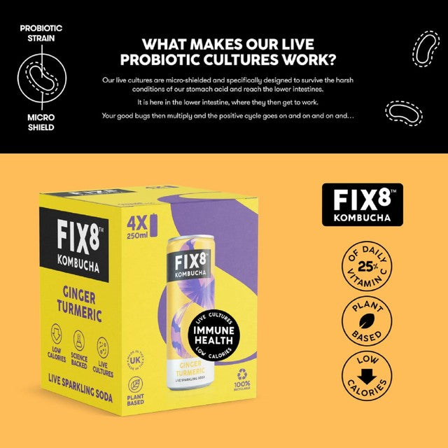 Fix8 ginger turmeric kombucha soda 4 x 250ml - British product