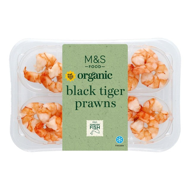 M&S organic black tiger prawns 150g, imported from the UK
