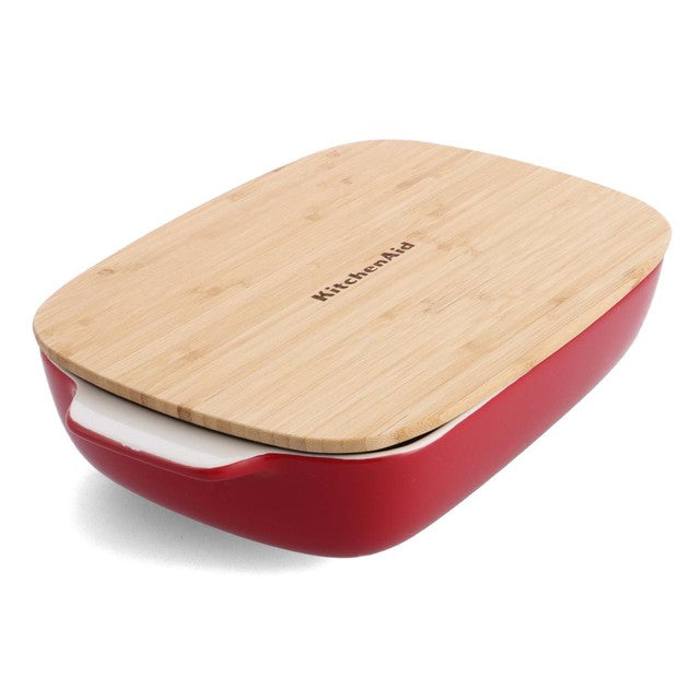 KitchenAid Empire Red stoneware rectangular casserole dish with bamboo lid 32cm, UK version