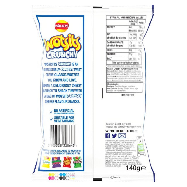 Wotsits Crunchy Really Cheesy corn snacks 140g (British brand)
