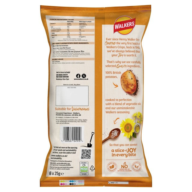 Walkers Hot Honey multipack crisp 6x25g, imported from the UK