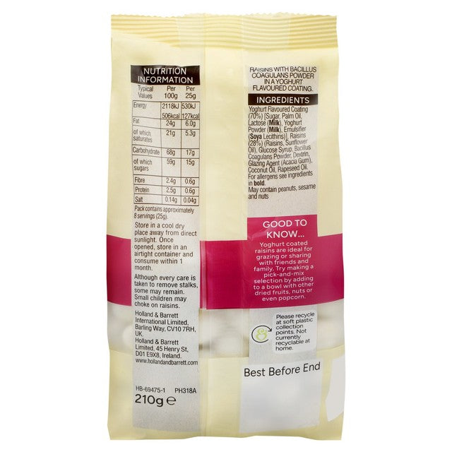 Holland & Barrett yoghurt flavoured coated raisins 210g, UK version