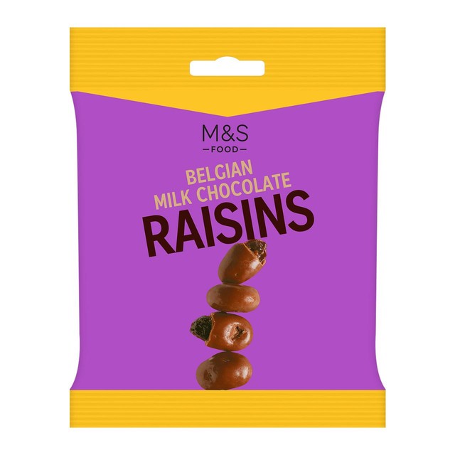M&S Belgian Milk Chocolate Raisins 125g bag, imported from the UK