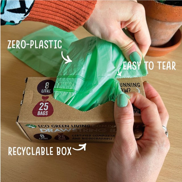 Eco Green Living compostable drawstring bin liner 8L pack - British product