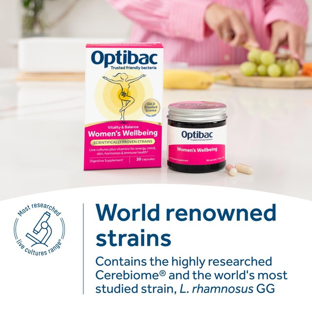Optibac probiotics women's wellbeing supplement capsule jar, UK version