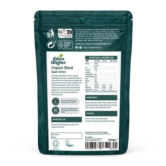 Green Origins Organic Super Green Blend powder 100g, UK version