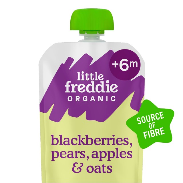 Little Freddie baby food pouch blackberries pear apple oats 6+ months, UK version