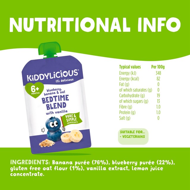 Kiddylicious blueberry banana oat bedtime blend baby food pouch 4 x 100g, UK version