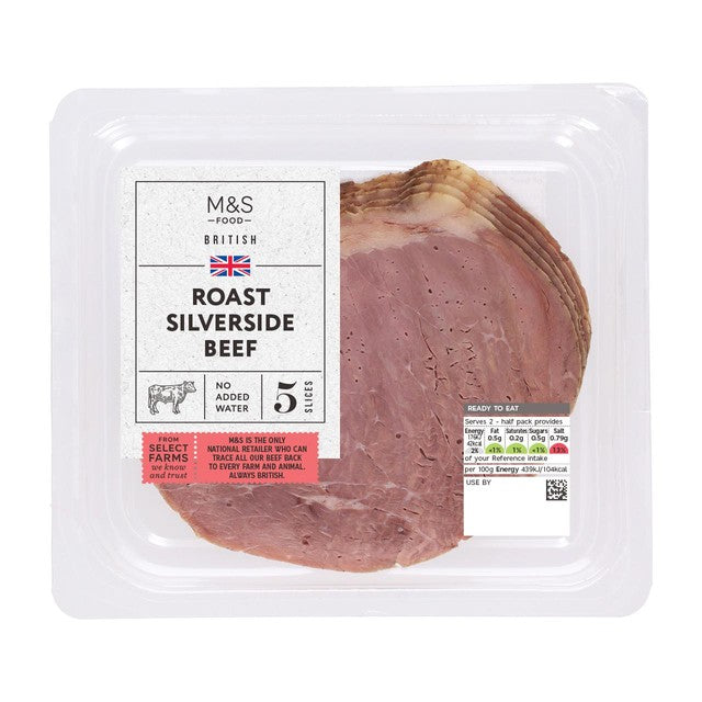 M&S wafer thin roast silverside beef slices 80g, imported from the UK