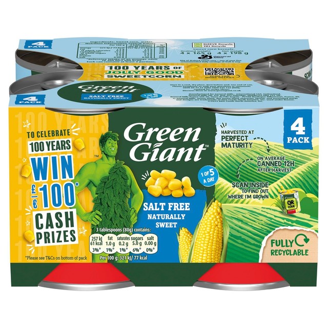 Green Giant Salt Free Sweetcorn canned vegetable - British product