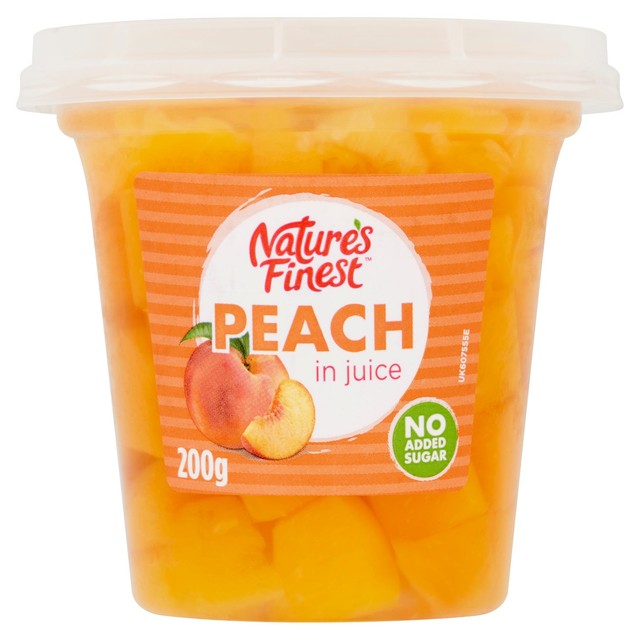 Nature's Finest diced peaches in juice pot - British product