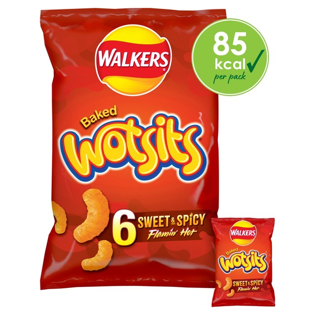 Wotsits Sweet & Spicy Flamin' Hot corn puff snacks 6x16g (British brand)