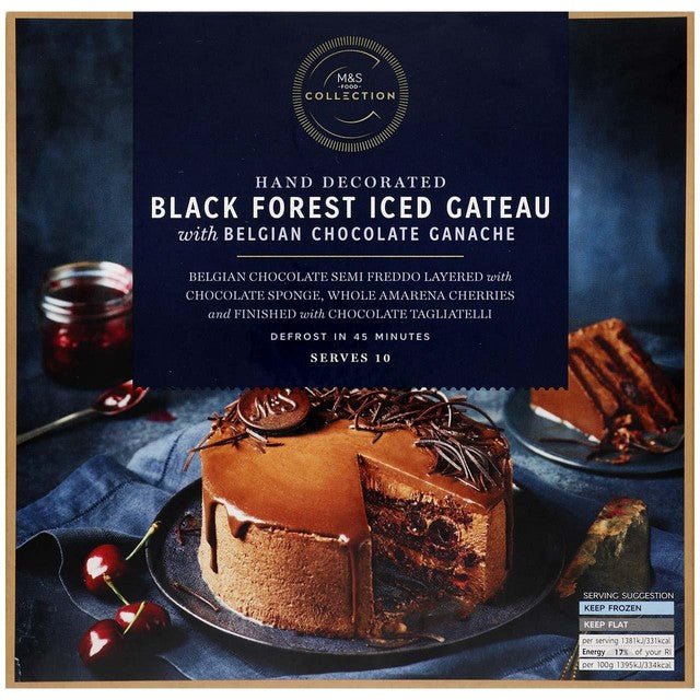 M&S Black Forest Iced Gateau 990g, imported from the UK