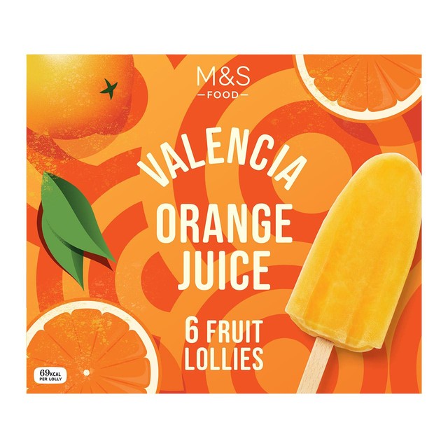 M&S Valencia orange juice ice lollies 6 x 80g, imported from the UK
