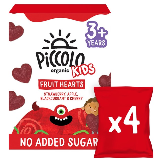 Piccolo Kids Fruit Hearts Strawberry, Apple, Blackcurrant & Cherry 4 x 15g, imported from the UK