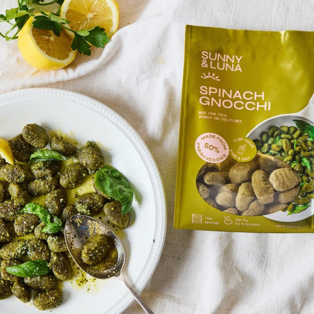 Sunny & Luna spinach gnocchi, gluten-free Italian pasta imported from the UK