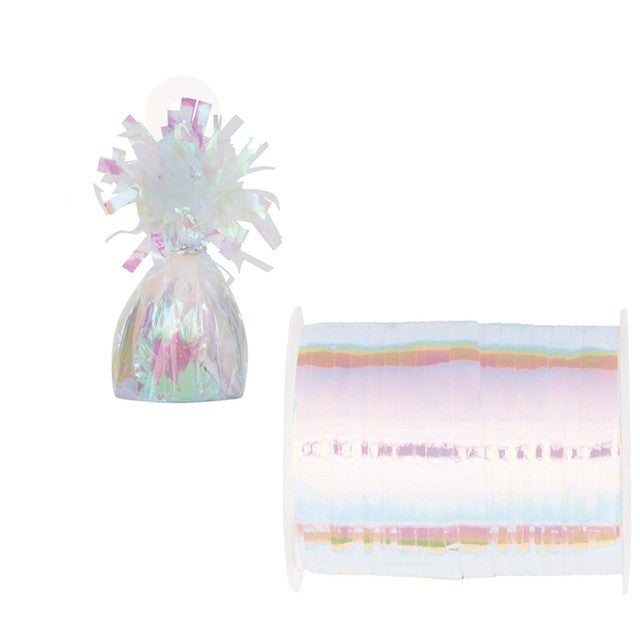 Unique Party iridescent balloon weight and ribbon kit 50 yards, imported from the UK