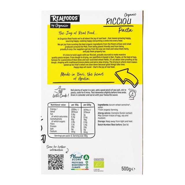 Realfoods by Organico organic riccioli pasta 500g, imported from the UK