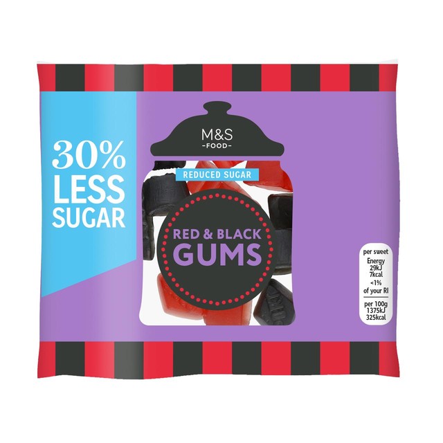 M&S reduced sugar red black gums 45g, imported from the UK