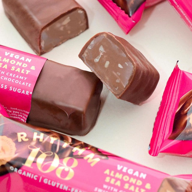 Rhythm 108 vegan almond and sea salt chocolate bar 33g, imported from the UK